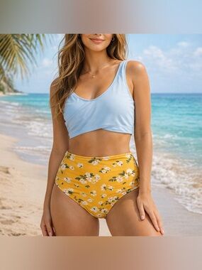 Coral Reef Bikini Set Blue Top Floral High Waisted Bottom 12/14